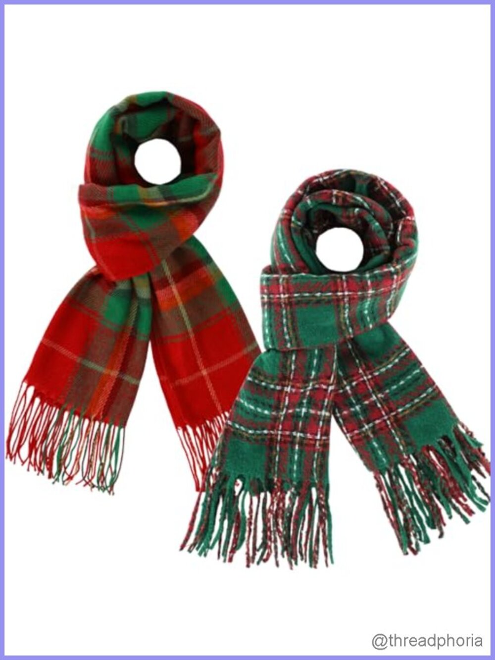 2 Pack Christmas Plaid Scarves for Women with Tassels, Soft Acrylic &
